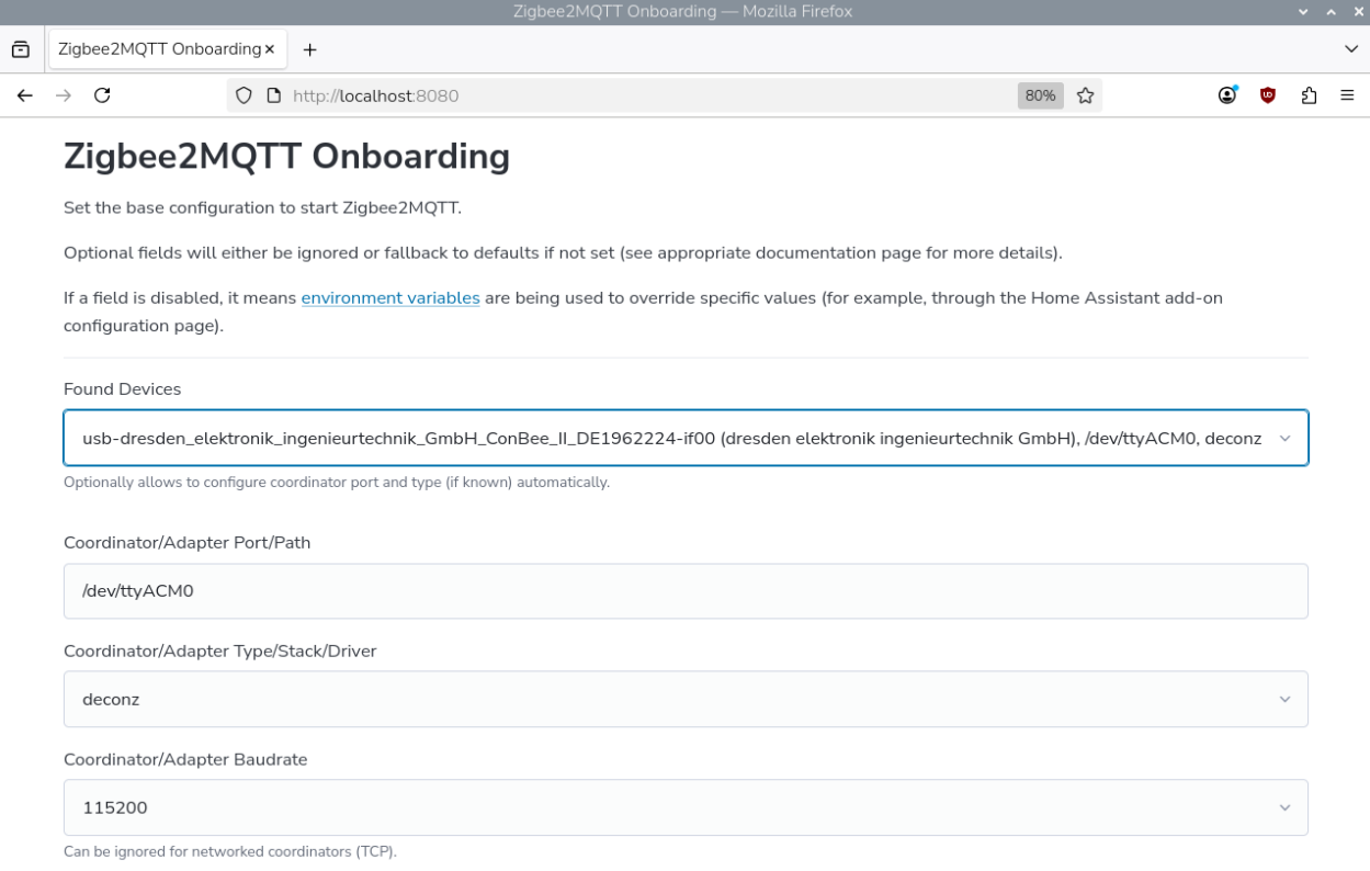 ConBee II Onboarding Auswahl Adapter